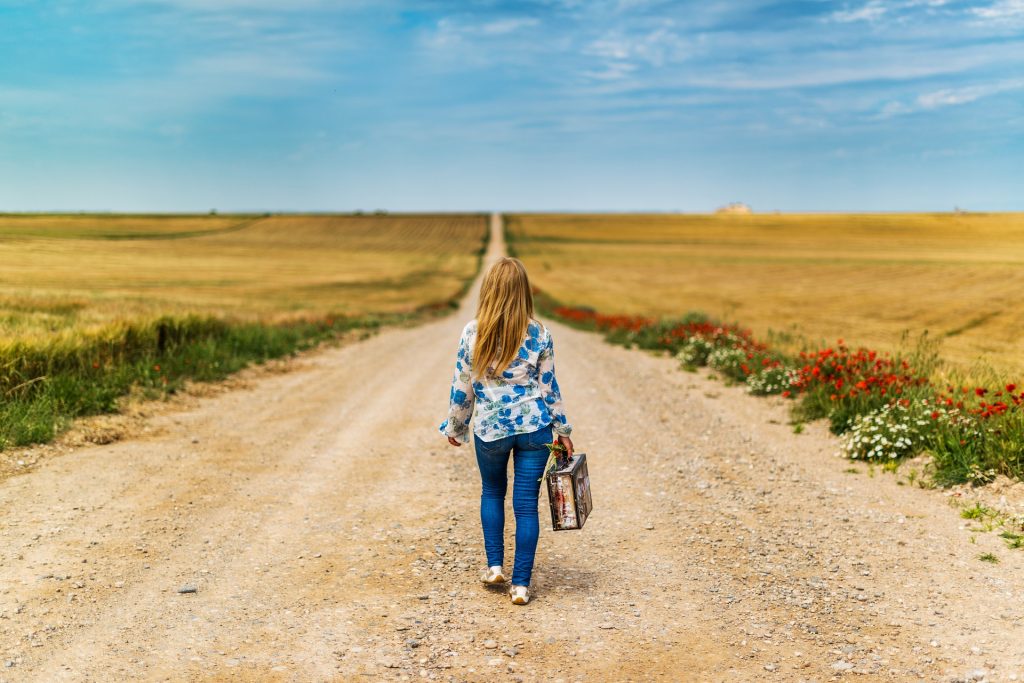 This is the image of a solo traveler, walking along through a path in between a field of dried grass and flowers on the right side of the path, there is no end to this path. 